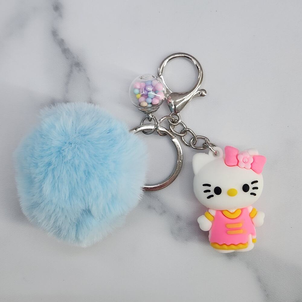Hello Kitty 3D Figure Keychain, puff ball & mini bead filled bubble Pink Orange